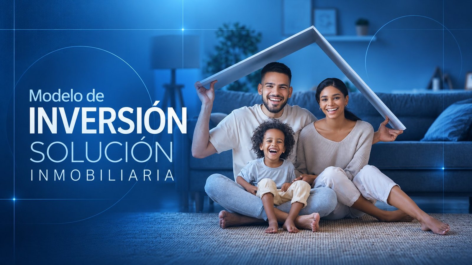 Modelo de Inversión, Solución Inmobiliaria: familia feliz bajo un techo simbólico en su sala
